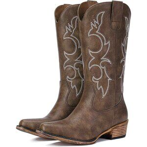 Women Brown Faux Leather Snip Toe Chunky Block Heel Embroidered Western Boot